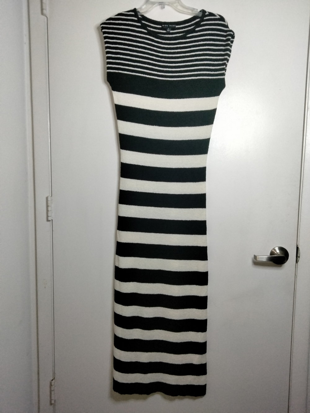 Miou Muse (Size S) Striped Cap Sleeves Black & Cream Stretch Midi/Maxi Dress